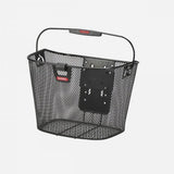 Black Rixen-Kaul KlLICKfix Unilux 16L bike basket with light holder, mounted on a bike for carrying essentials.