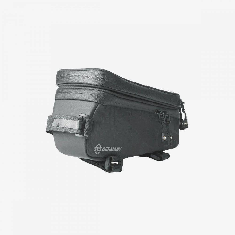 SKS Explorer Smart Toptube Pack 1.35L with detachable phone pocket and touchscreen access on bicycle top tube.
