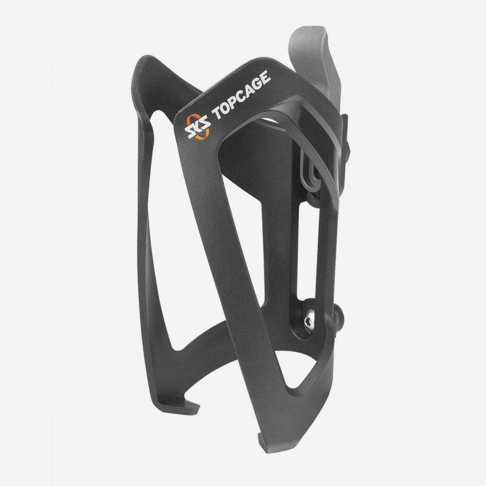 Black SKS Topcage bike water bottle holder, durable front-loading cage designed for secure bottle storage on bikes.