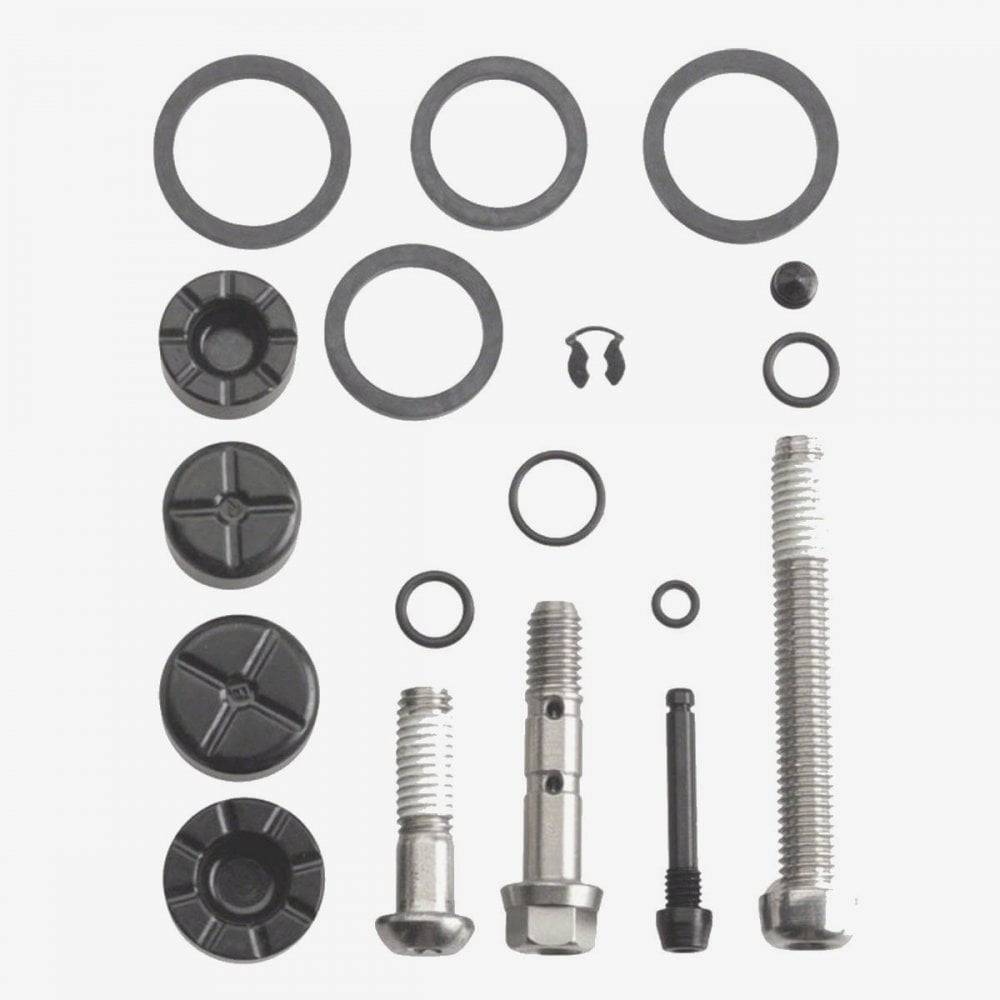 Avid Elixir X0/9 trail disc brake caliper spare parts kit with small components for maintenance and repairs.
