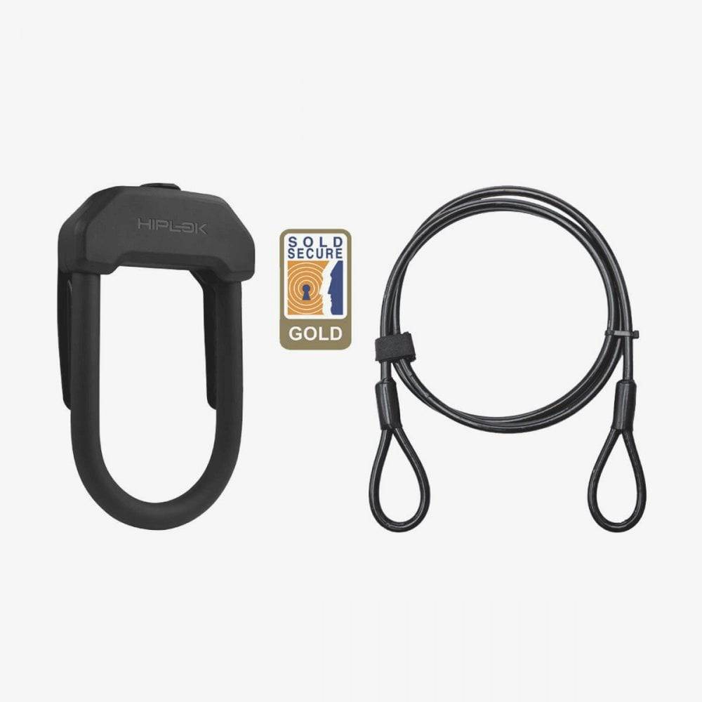 Hiplok DXP bike D-lock in black with a 2m cable, sold secure gold standard, shown with key and lock mechanism.