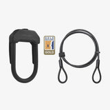 Hiplok DXP bike D-lock in black with a 2m cable, sold secure gold standard, shown with key and lock mechanism.