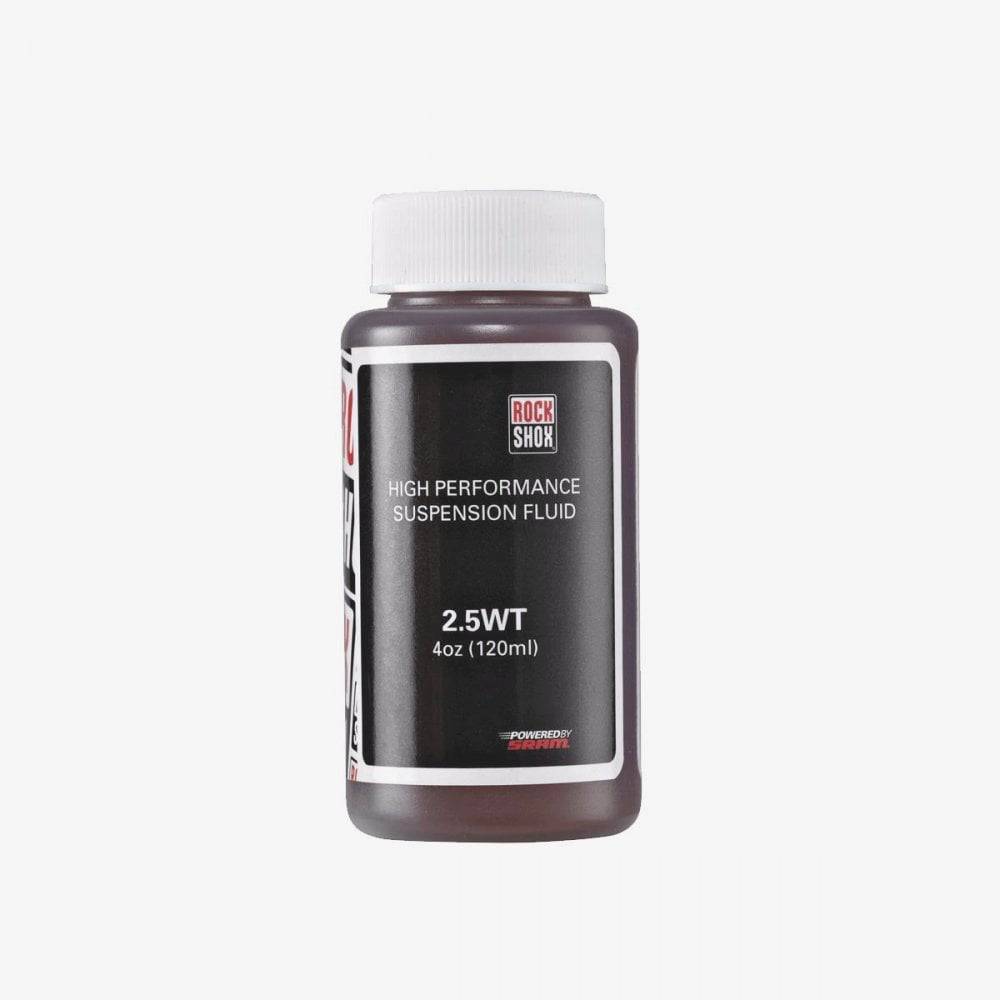 RockShox suspension oil bottle for bicycle fork maintenance, 120ml, used for smooth fork performance and suspension upkeep.