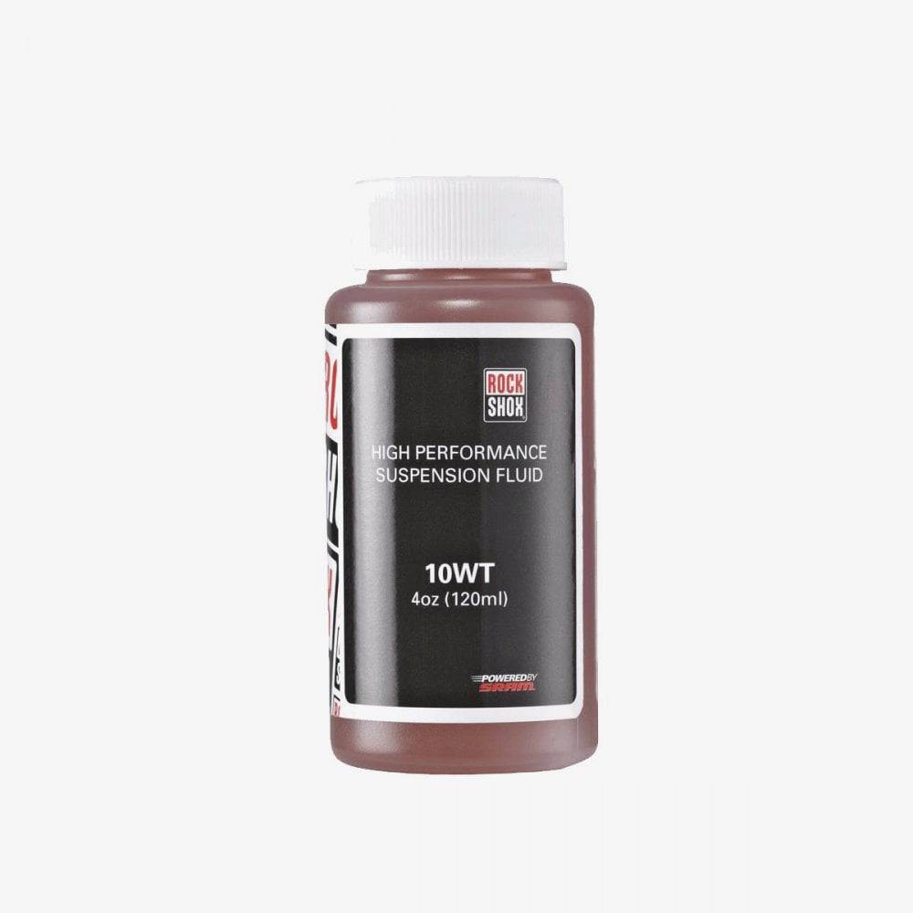 RockShox suspension oil 120ml bottle for fork lubrication and maintenance, displayed in a workshop setting