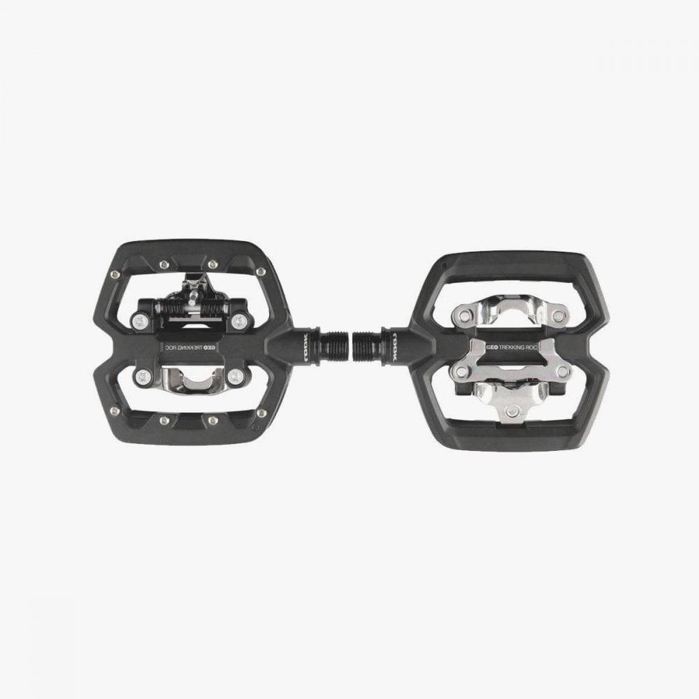 LOOK Geo Trekking Roc hybrid pedals with SPD clipless and flat traction sides, designed for versatile cycling components.