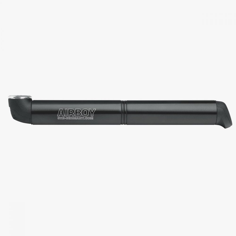 SKS Airboy Mini Pump in black with frame mount, compact bicycle pump for Presta valves, suitable for cycling accessories.