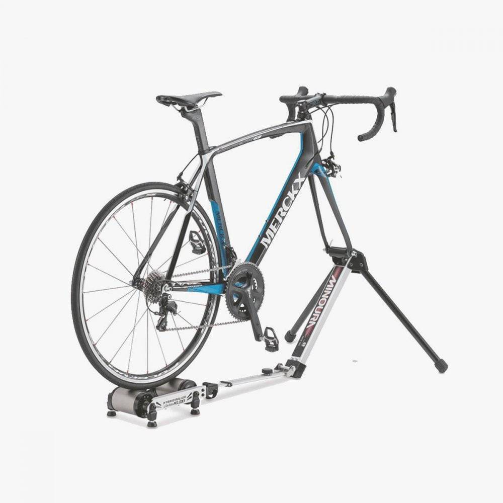 Minoura FG220 hybrid roller fork mount accessory for indoor cycling trainers, providing stability during indoor cycling sessions.