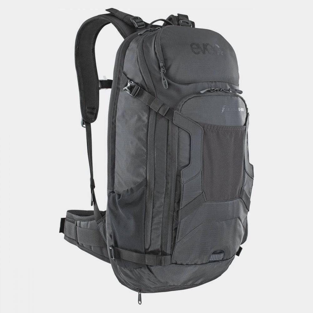 EVOC FR Trail E-Ride Protector Backpack with hydration bladder and battery compartment, designed for mountain biking accessories.