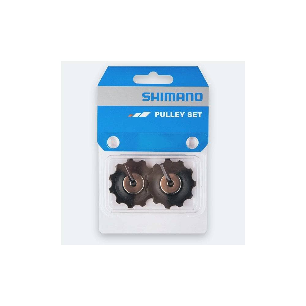 Shimano universal rear derailleur pulley set with two black and silver pulleys for bike gear shifting components.