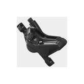 Shimano Acera BR-MT420 4-piston hydraulic brake caliper for front or rear post mount bike components, shown in silver.
