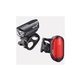 Infini Olley Micro USB rechargeable front and rear bike lightset in black, compact cycling accessories with LED lights.