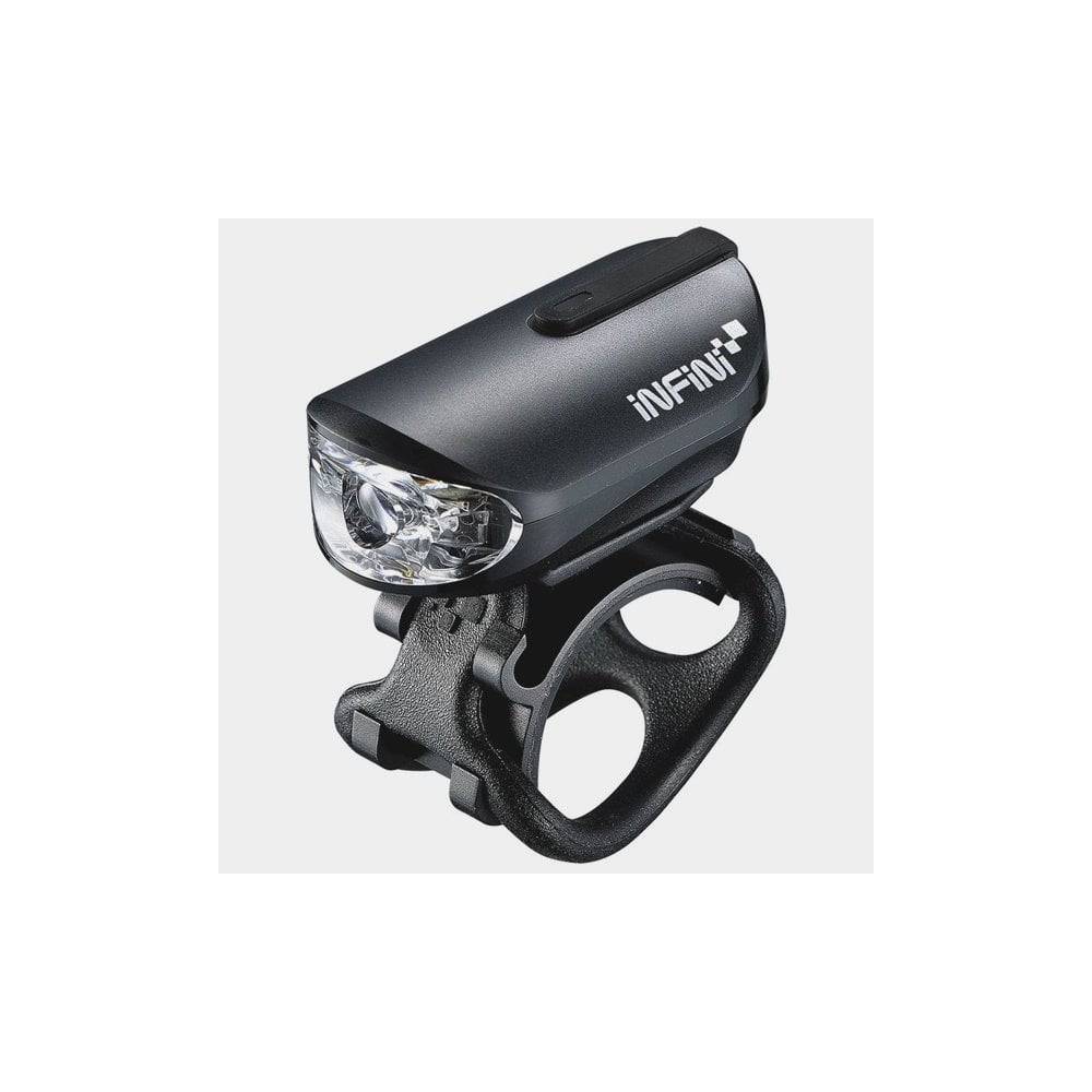 Infini Olley 100 lumen rechargeable bike front light with Micro USB, QR bracket, black color, designed for cycling safety.