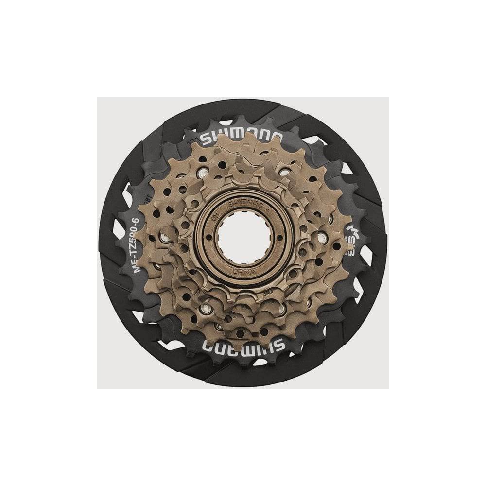 Shimano Tourney TY MF-TZ500 7-speed screw-on freewheel with 14-34T for bike components, shown installed on a bicycle wheel.