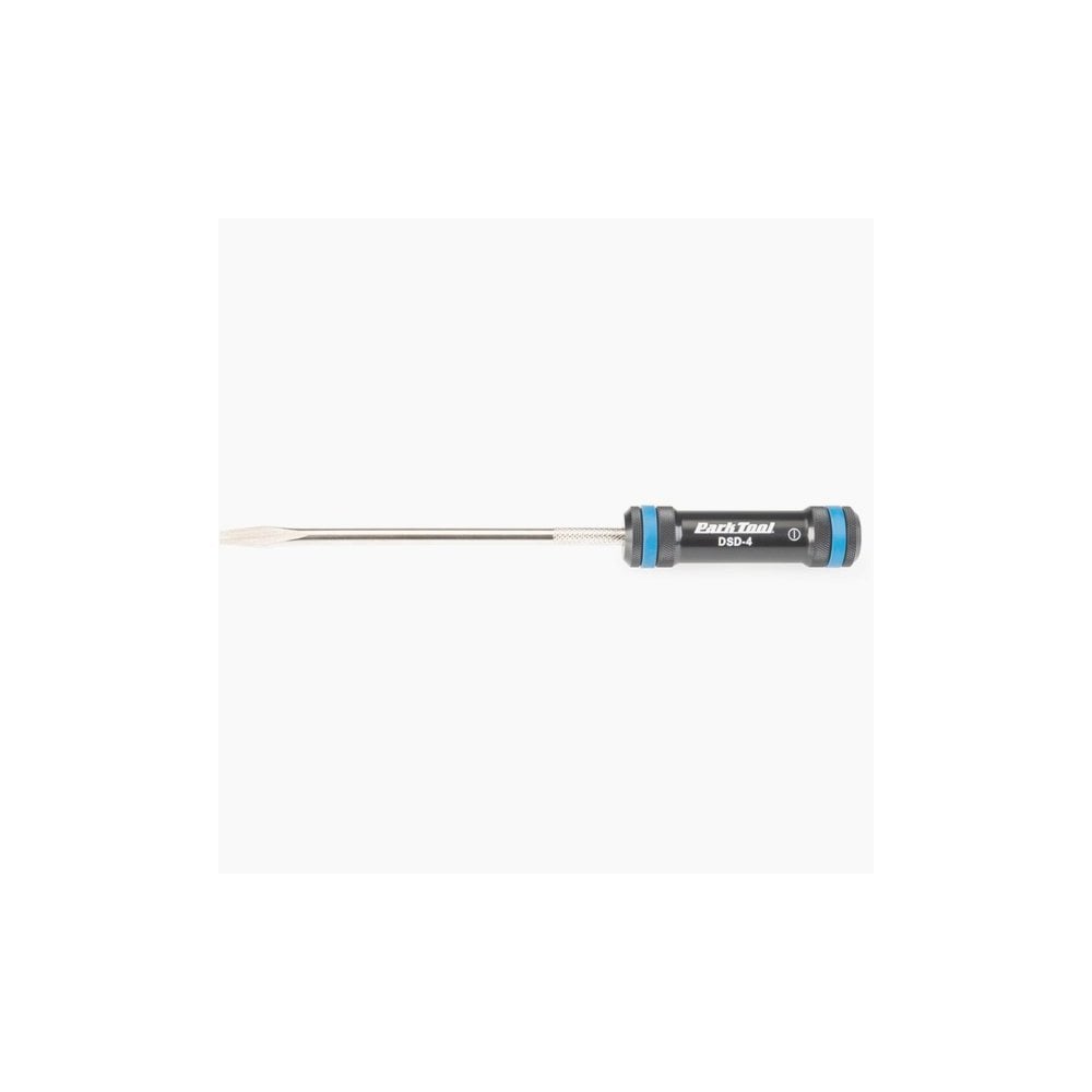 Park Tool DSD-4 5mm flatblade derailleur screwdriver with CNC aluminum handle, ideal for precise bicycle workshop repairs.