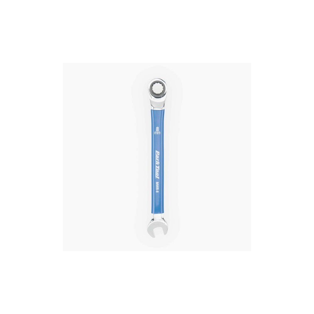 Park Tool MWR-8 ratcheting metric wrench with 8mm size, two-way ratchet box ends, suitable for bike workshop repairs.