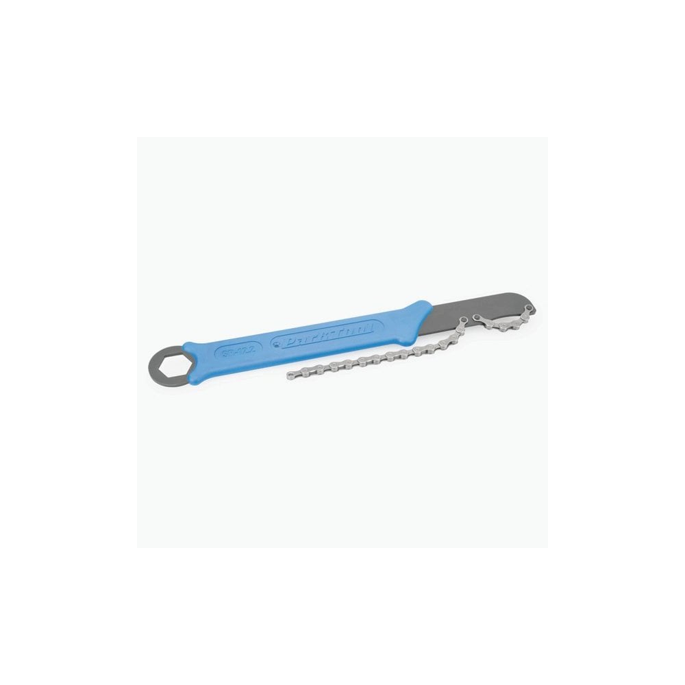 Park Tool SR-12.2 12-speed sprocket remover chain whip with hex driver, used for bike workshop chain and sprocket maintenance.