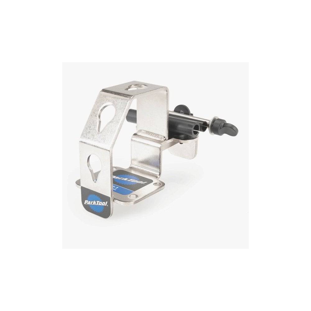 Park Tool WH-1 multi-position wheel holder for thru-axle and quick release bikes, workshop tool for secure wheel mounting.