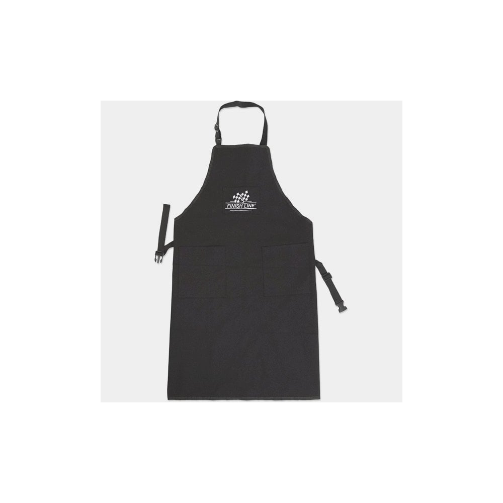 Finish Line Pro Shop Apron V2 in black, a durable adjustable mechanic workshop apron with multiple pockets for tools.