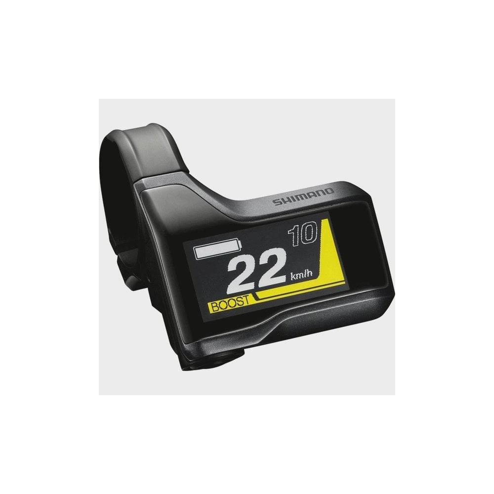 Shimano STEPS SC-E8000 cycle computer display mounted on handlebars, compatible with 31.8mm and 35mm Shimano e-bike systems.
