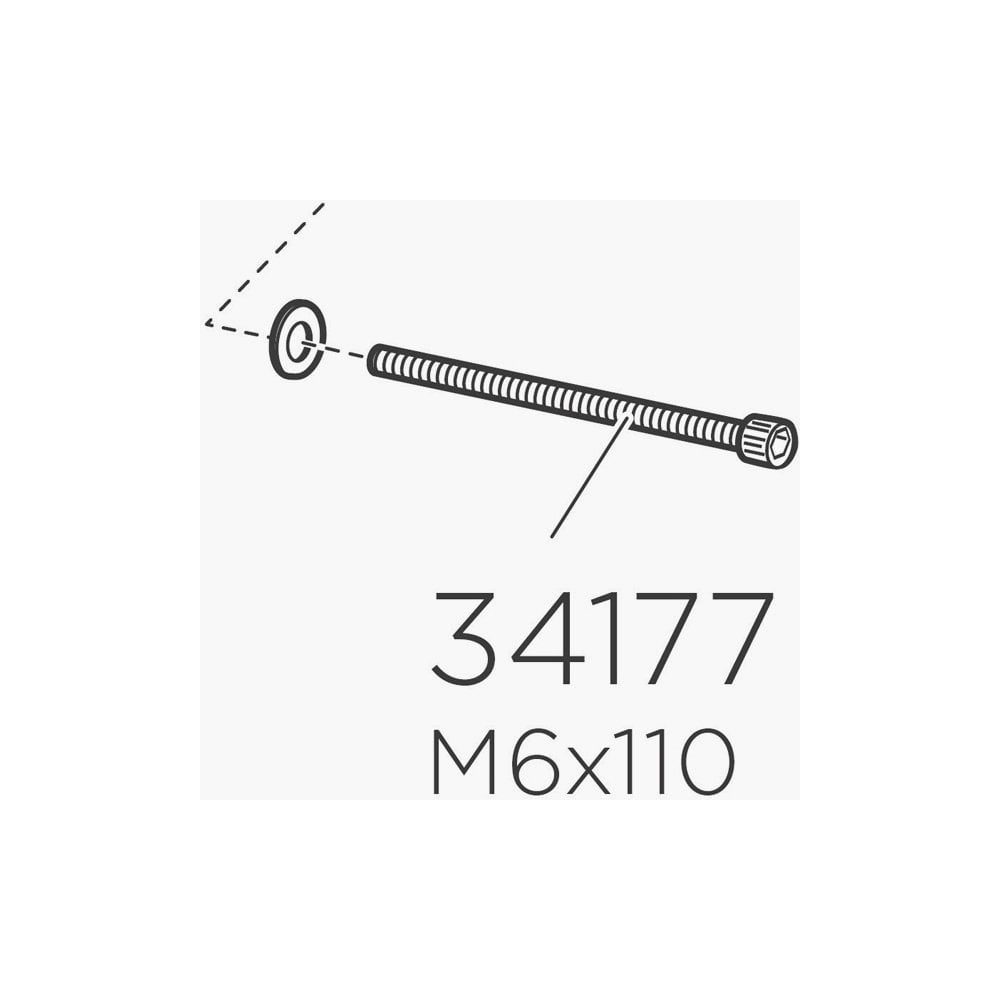 Thule 34177 Screw MC 6S M6 x 110 mm replacement accessory for car racks, shown in close-up with metal threads and head.