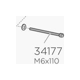 Thule 34177 Screw MC 6S M6 x 110 mm replacement accessory for car racks, shown in close-up with metal threads and head.