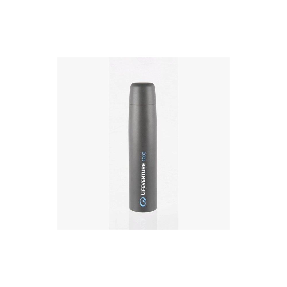 Lifeventure 1000ml graphite stainless steel vacuum flask showing insulated bottle with a screw-on lid and sleek metallic finish.