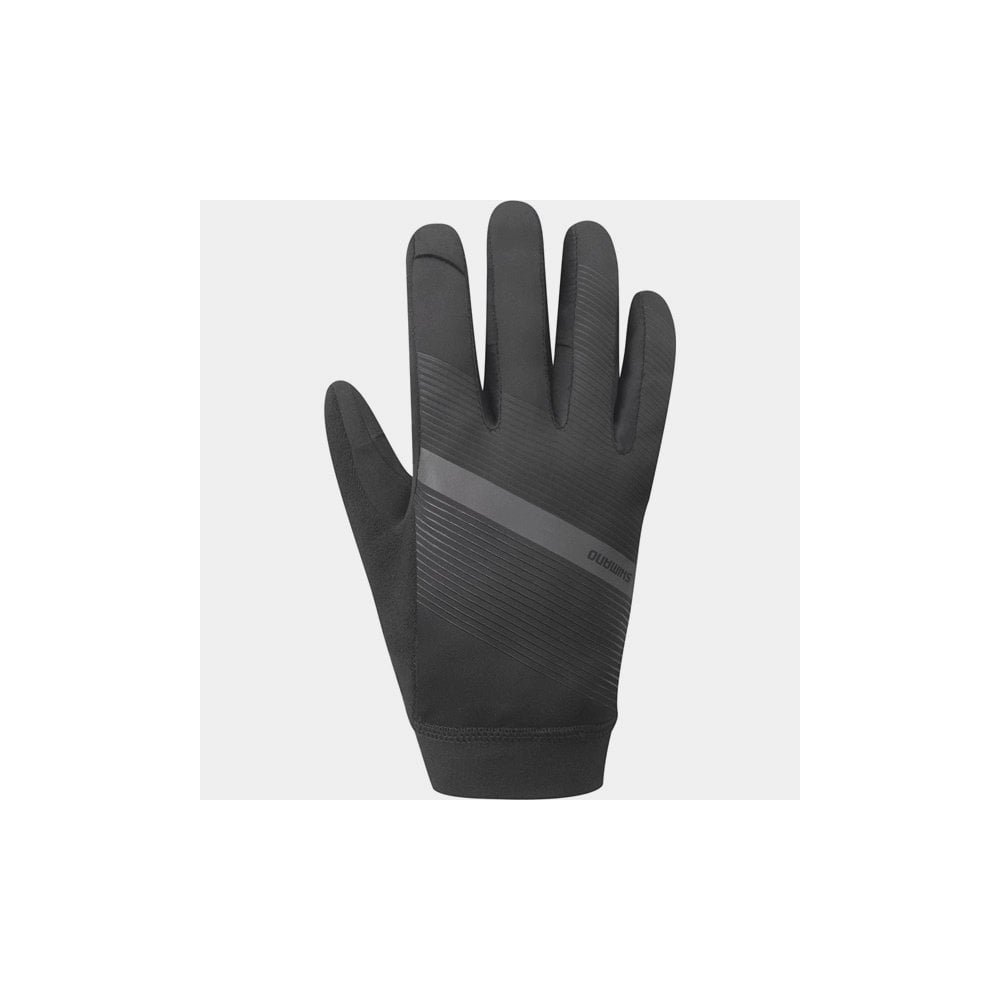 Shimano men's wind control cycling gloves with touchscreen fingertips and reflective elements for outdoor riding.