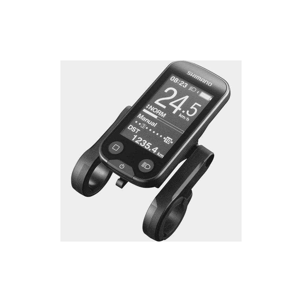 Shimano STEPS SC-E6100 display bracket for 31.8mm handlebars on e-bike, mounted on bicycle handlebars.
