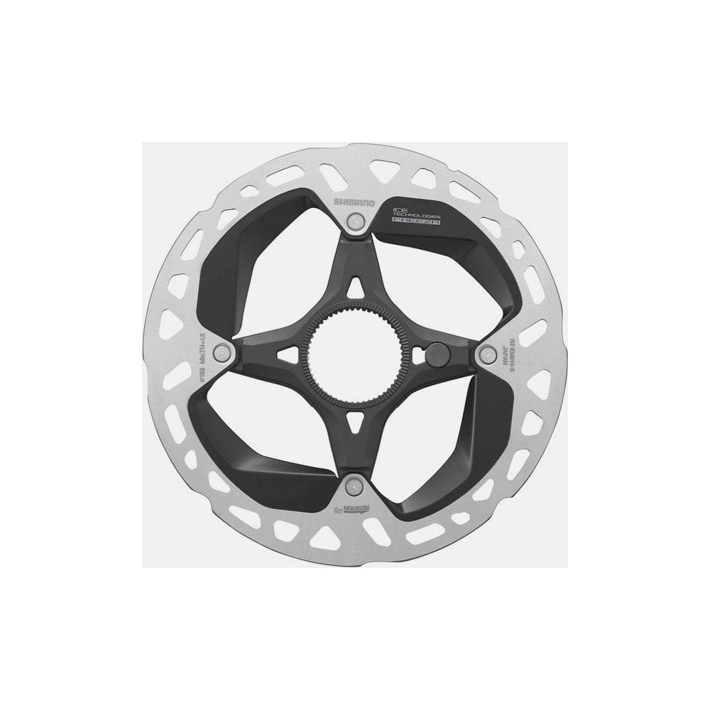 Shimano STEPS RT-EM910 Ice Tech Freeza rotor with lockring for e-bike braking components, durable and corrosion-resistant.