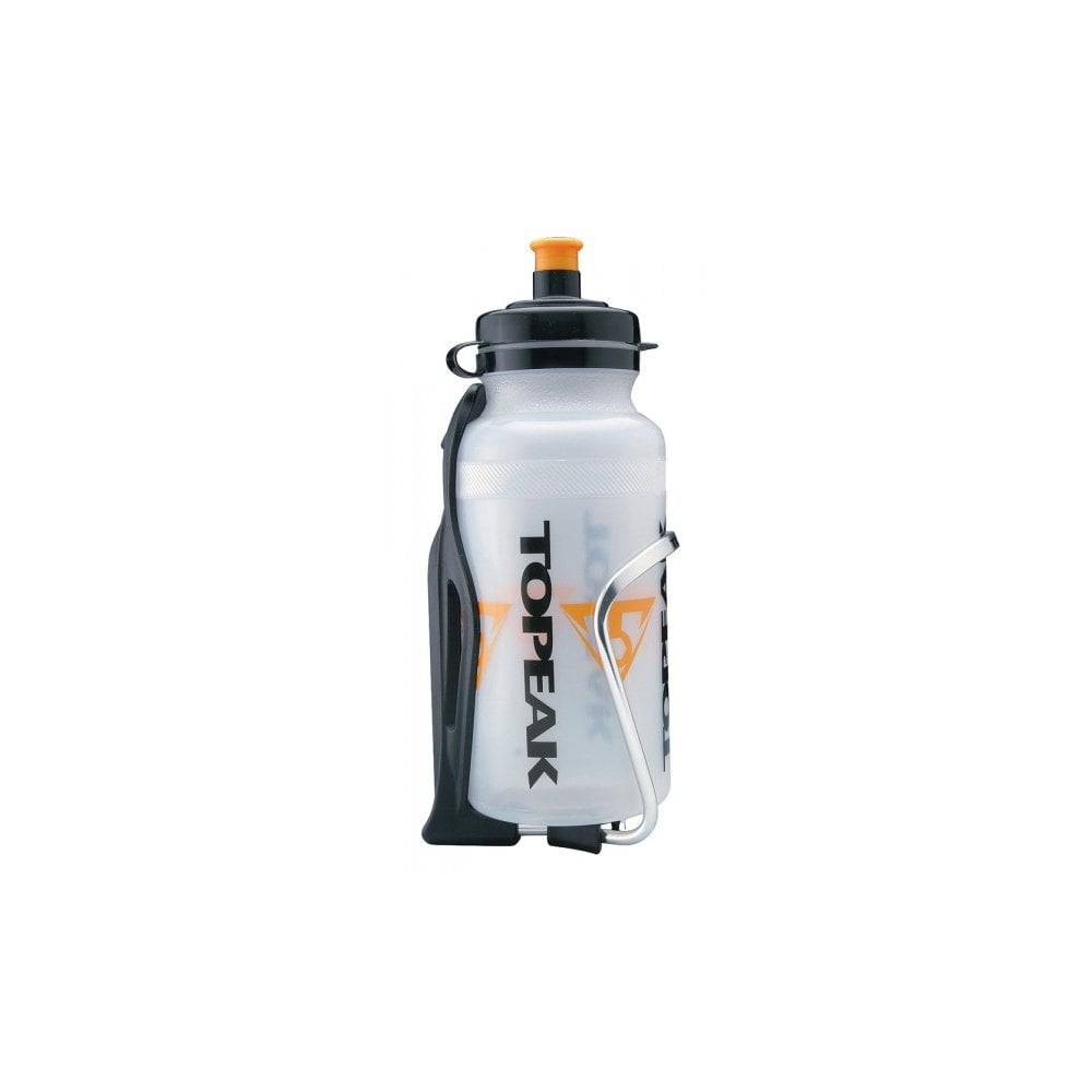 Topeak Modula Cage II adjustable black bike water bottle cage mounted on a bicycle frame for cycling hydration accessories.