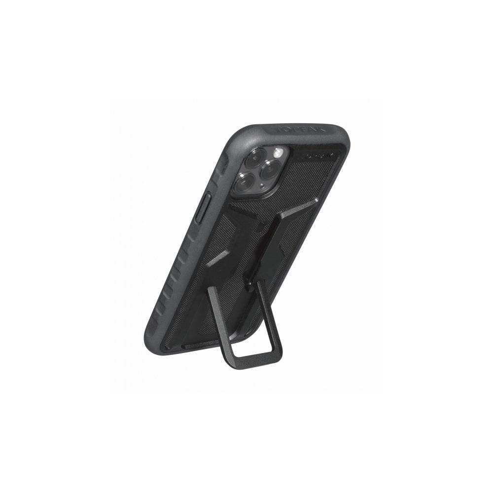 Topeak Ridecase for iPhone 11 Pro with adjustable mount and wireless charging, showing the rugged phone case and mounting system.
