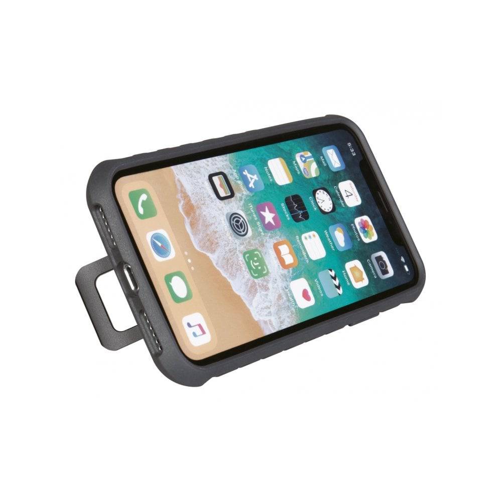 Topeak iPhone XR Ridecase with QuickClick mount and adjustable viewing angles, securely holding the phone for cycling accessories.