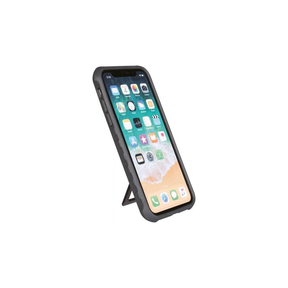 Topeak iPhone XR Ridecase with QuickClick Mount and adjustable viewing angles, showing the bike handlebar mount and case details.