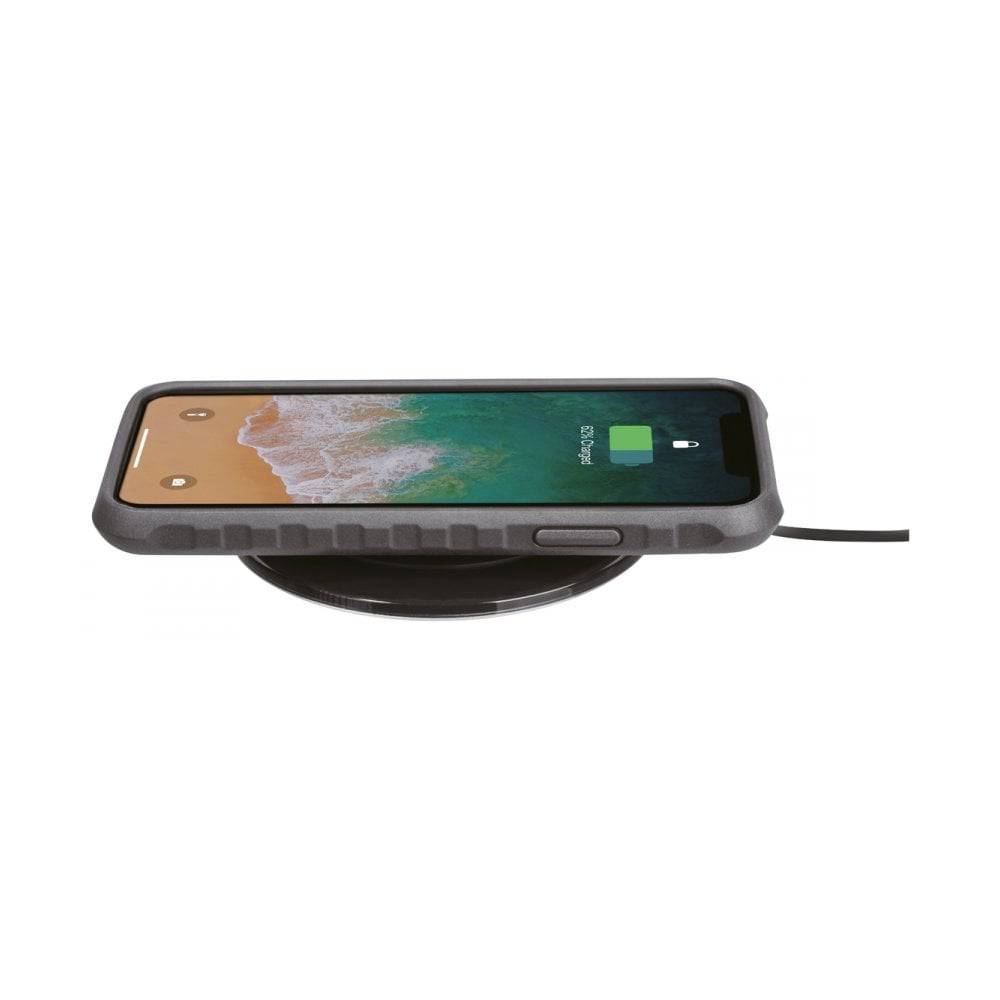 Topeak iPhone XR Ridecase accessory with QuickClick mount and adjustable viewing angles, shown on a smartphone.