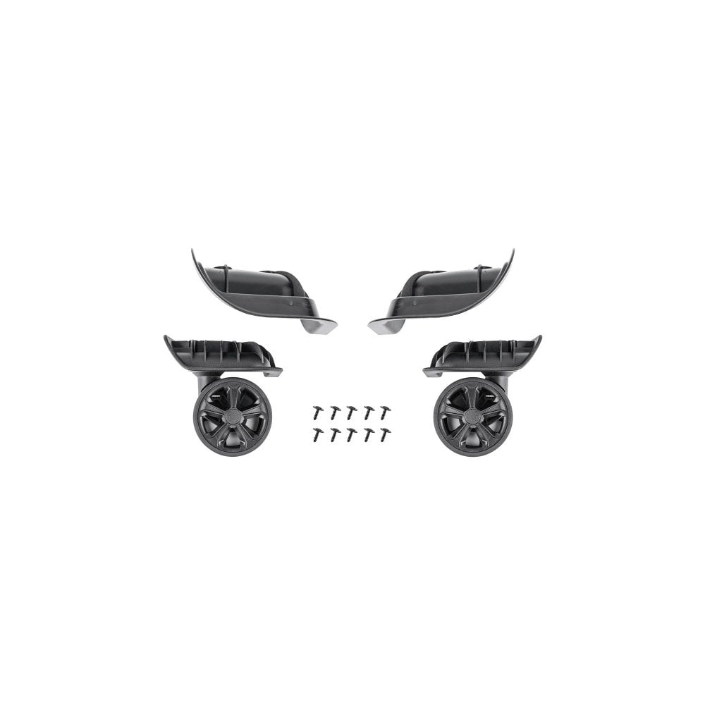 Pair of black Topeak Pakgo X replacement luggage wheel set, showing side and front views for easy installation.