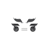 Pair of black Topeak Pakgo X replacement luggage wheel set, showing side and front views for easy installation.