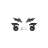 Pair of black Topeak Pakgo X replacement luggage wheel set, showing side and front views for easy installation.