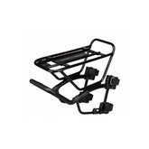 Topeak Tetrarack M1 front rack for MTB bikes, black, designed for suspension and rigid forks, mounted on mountain bike.