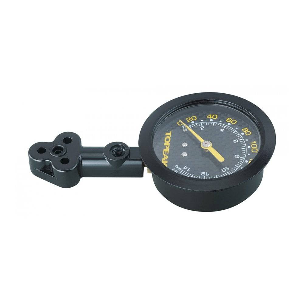 Topeak JoeBlow XO tire pressure gauge in black and yellow, showing a close-up of the durable bike pump accessory.