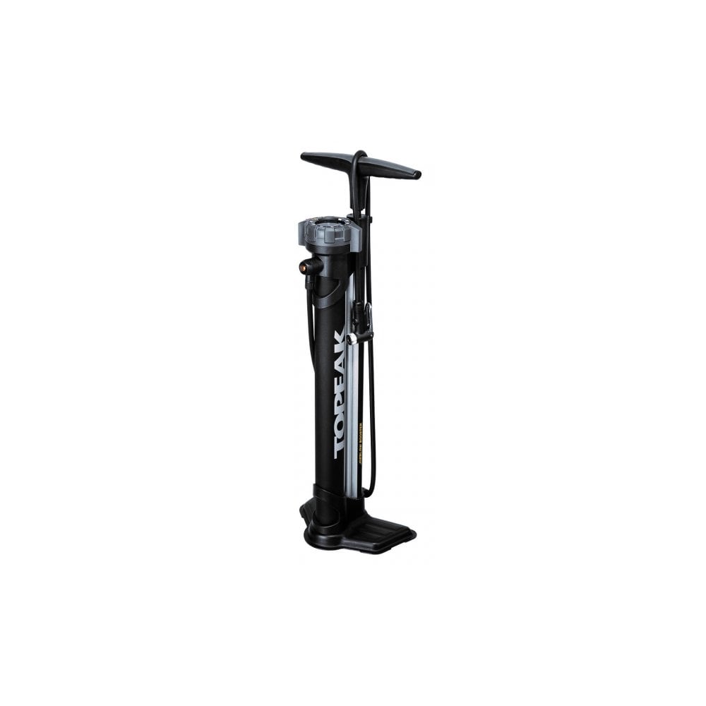 Topeak JoeBlow Booster black tubeless tire inflator pump with pressure gauge for cycling accessories.