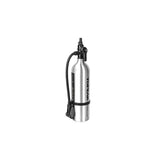 Topeak Tubibooster X Silver tubeless tyre inflator with Presta and Schrader valve compatibility, close-up view of the accessories.