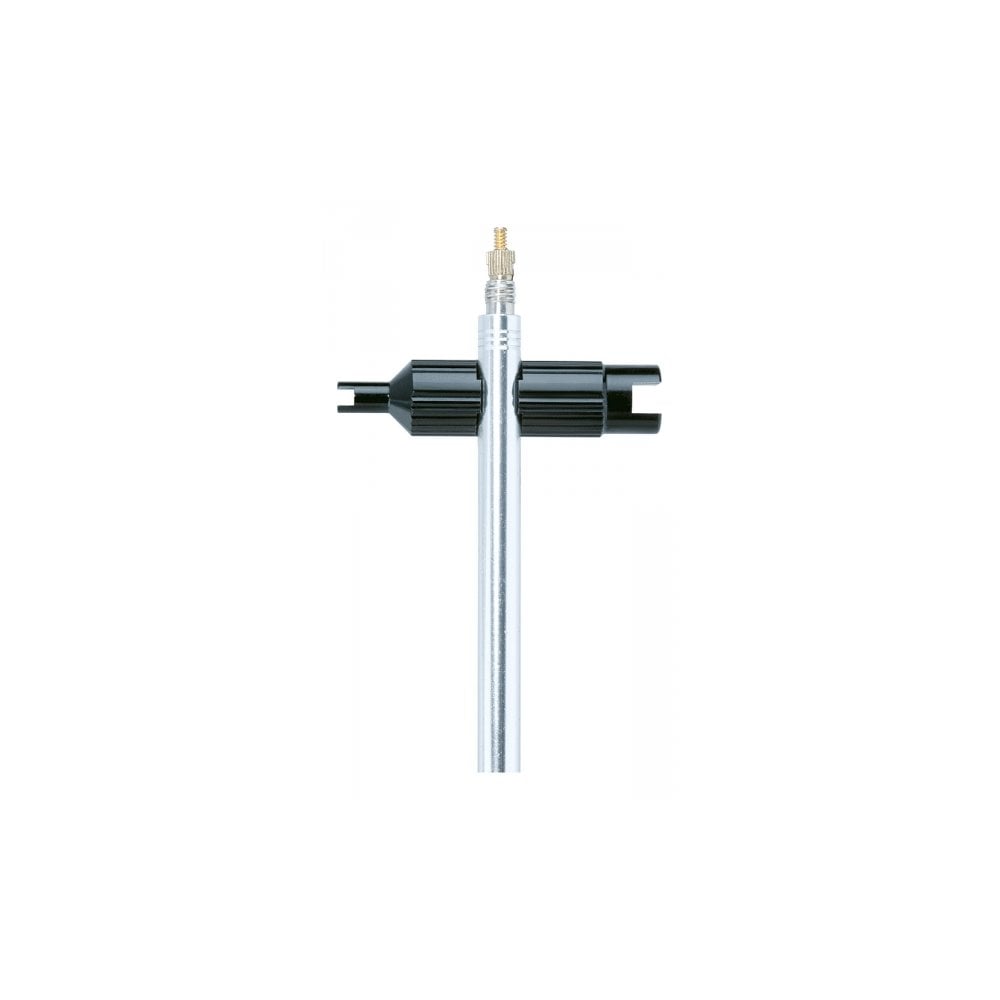 Topeak Valve Core Tool with Storage Box for Schrader and Presta bicycle valves, black accessory for tire maintenance.