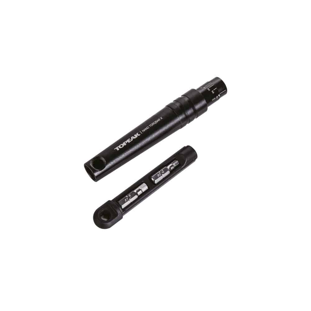 Topeak Nano TorqBar X bike torque wrench with integrated bit storage, black and silver, used for precise bike maintenance.