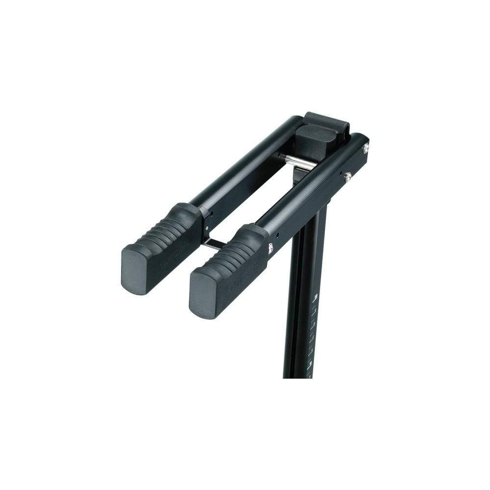 Topeak Prepstand ZX black bike maintenance stand with adjustable clamp height for workshop bike repairs.