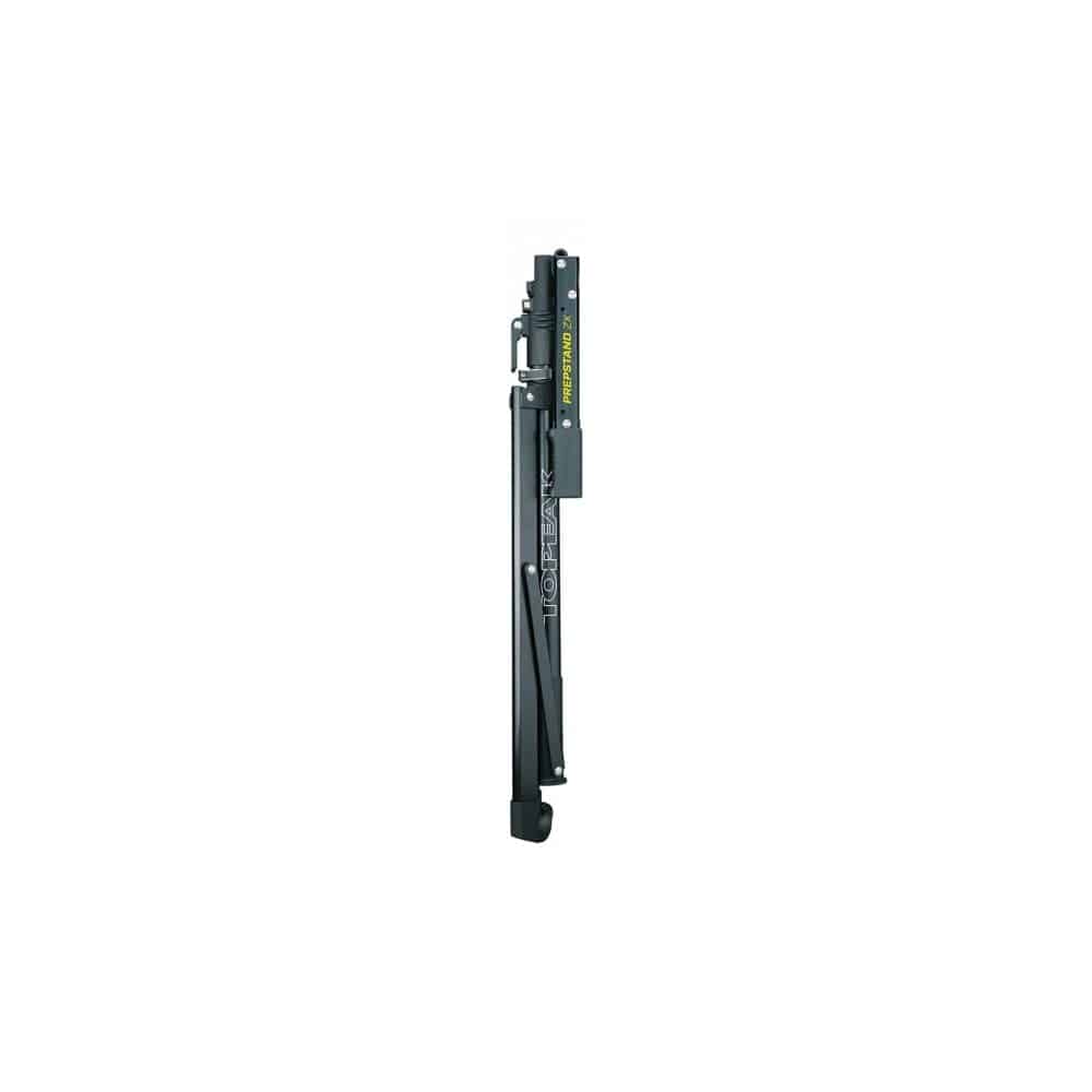 Topeak Prepstand ZX black bike maintenance stand with adjustable clamp height for workshop use, holding a bicycle securely.