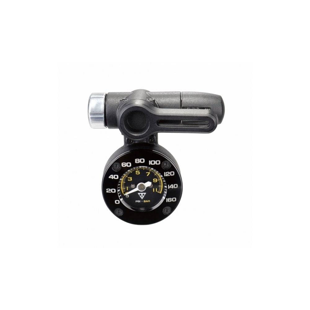 Topeak Shuttle Gauge G2 black tire pressure gauge showing pressure reading up to 160 PSI for Presta, Schrader, and Dunlop valves.
