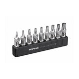Topeak 9-piece Torx bit set in black and silver for bike repair, includes various Torx bits in a workshop tool kit.