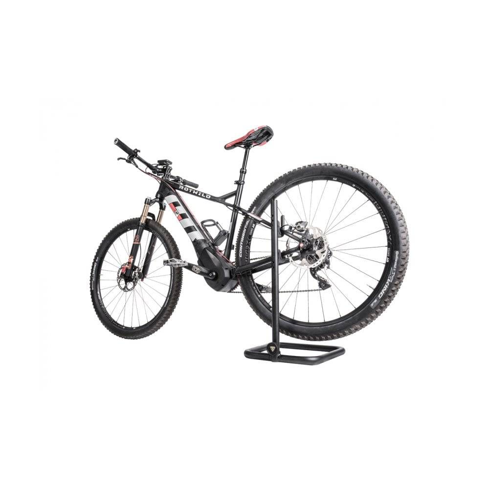 Topeak Tune-up Stand X for eBikes and heavy-duty bikes, black adjustable workshop bike repair stand with sturdy construction.