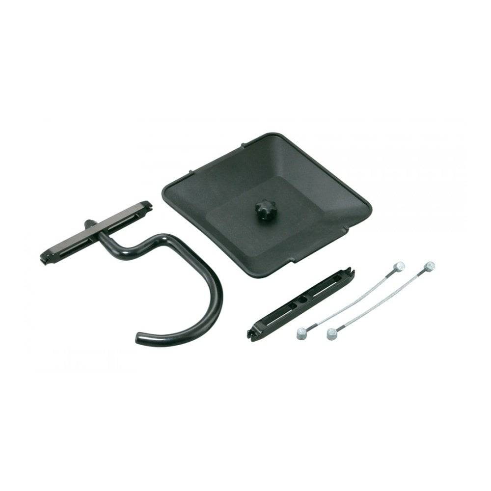 Topeak workshop scale upgrade kit with clip-on tray and hook for small parts and wheels, black color, compatible with bike maintenance.