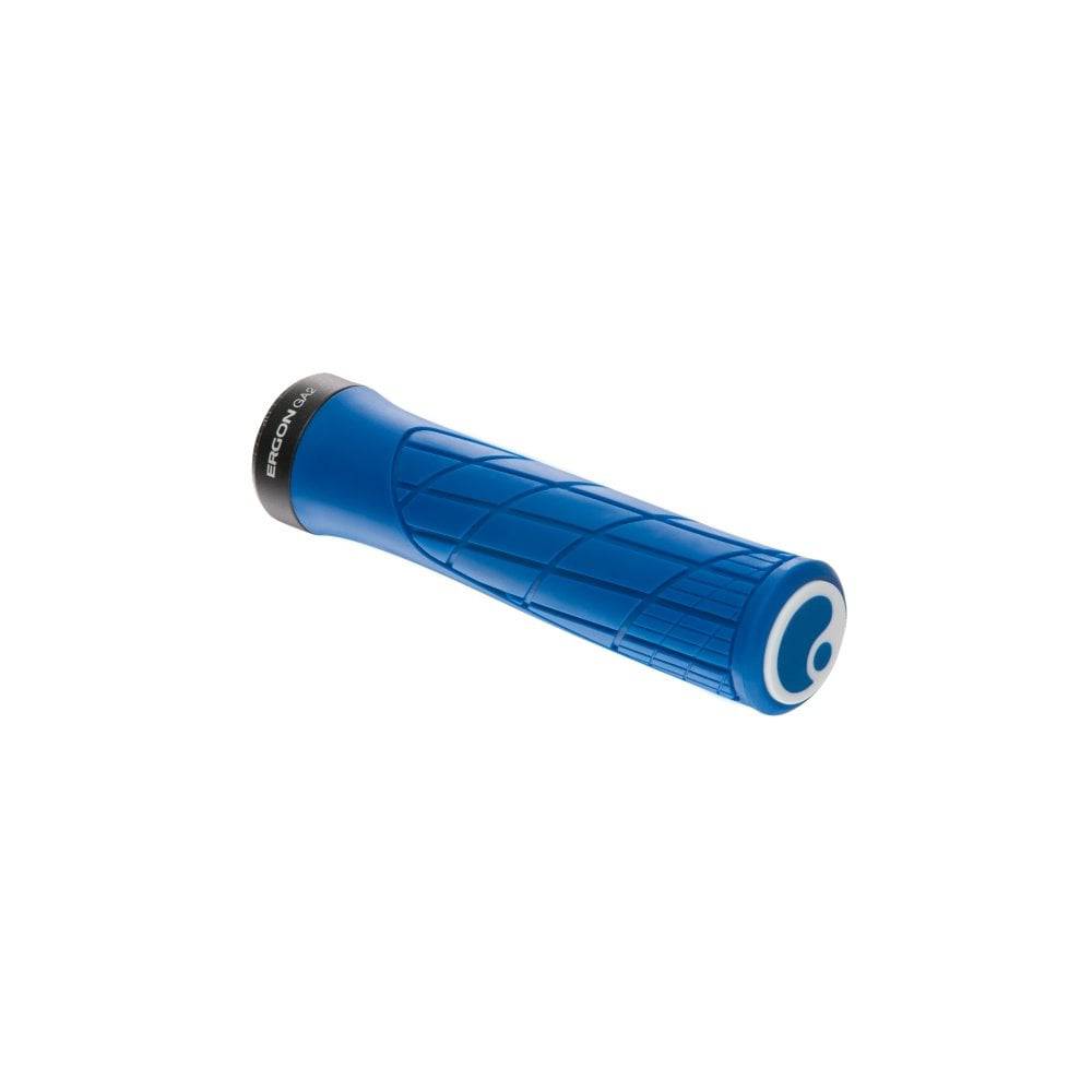 Ergon GA2 ergonomic mountain bike grips with CNC aluminum clamps and replaceable plugs, designed for comfortable riding.